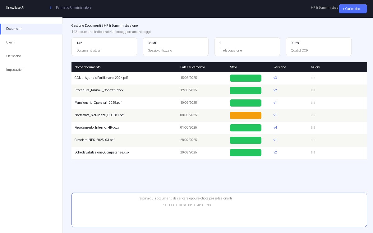 Pannello amministratore AILocale con gestione documenti